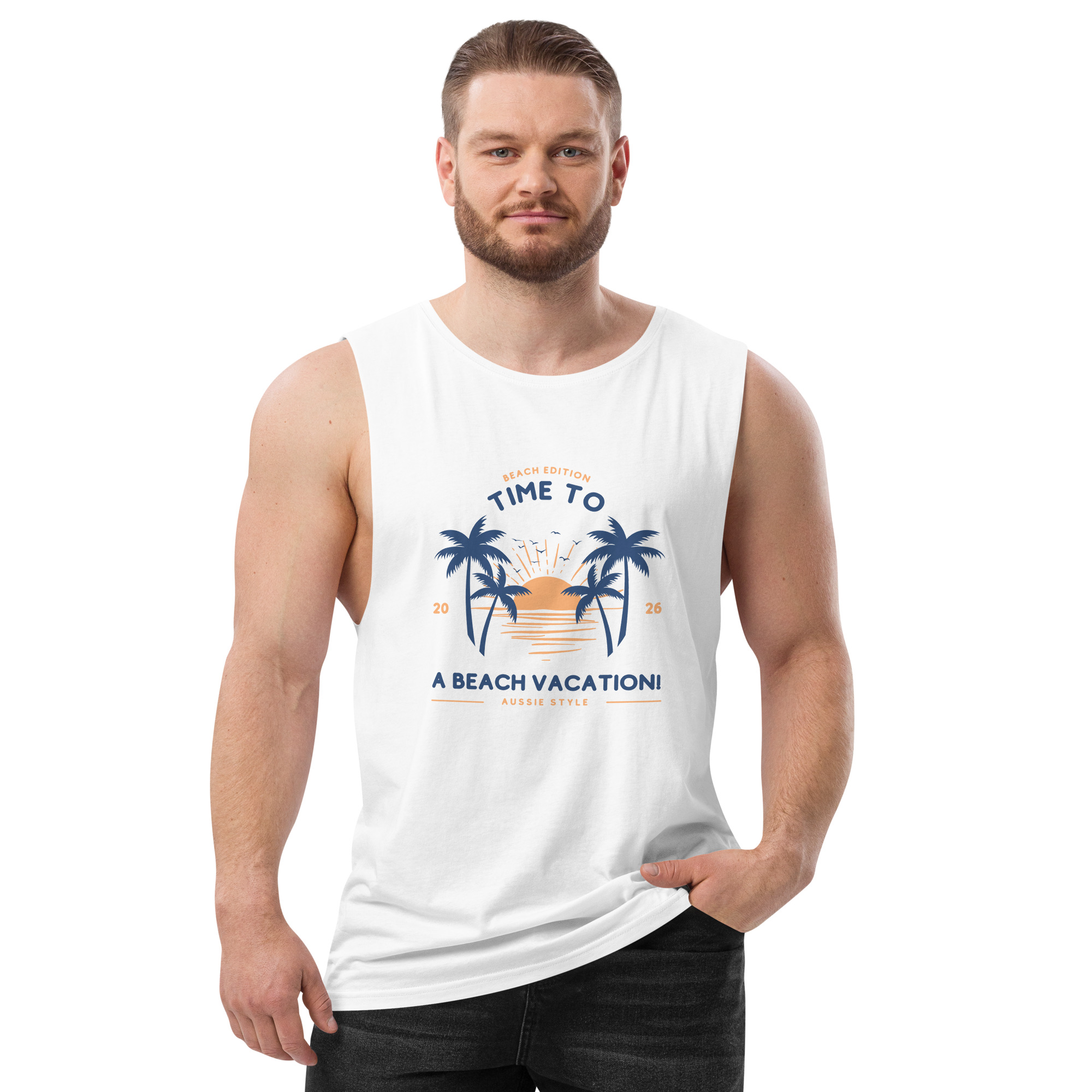aussie style beach vacation men’s drop arm tank top aussie style beach vacation men’s drop arm tank top