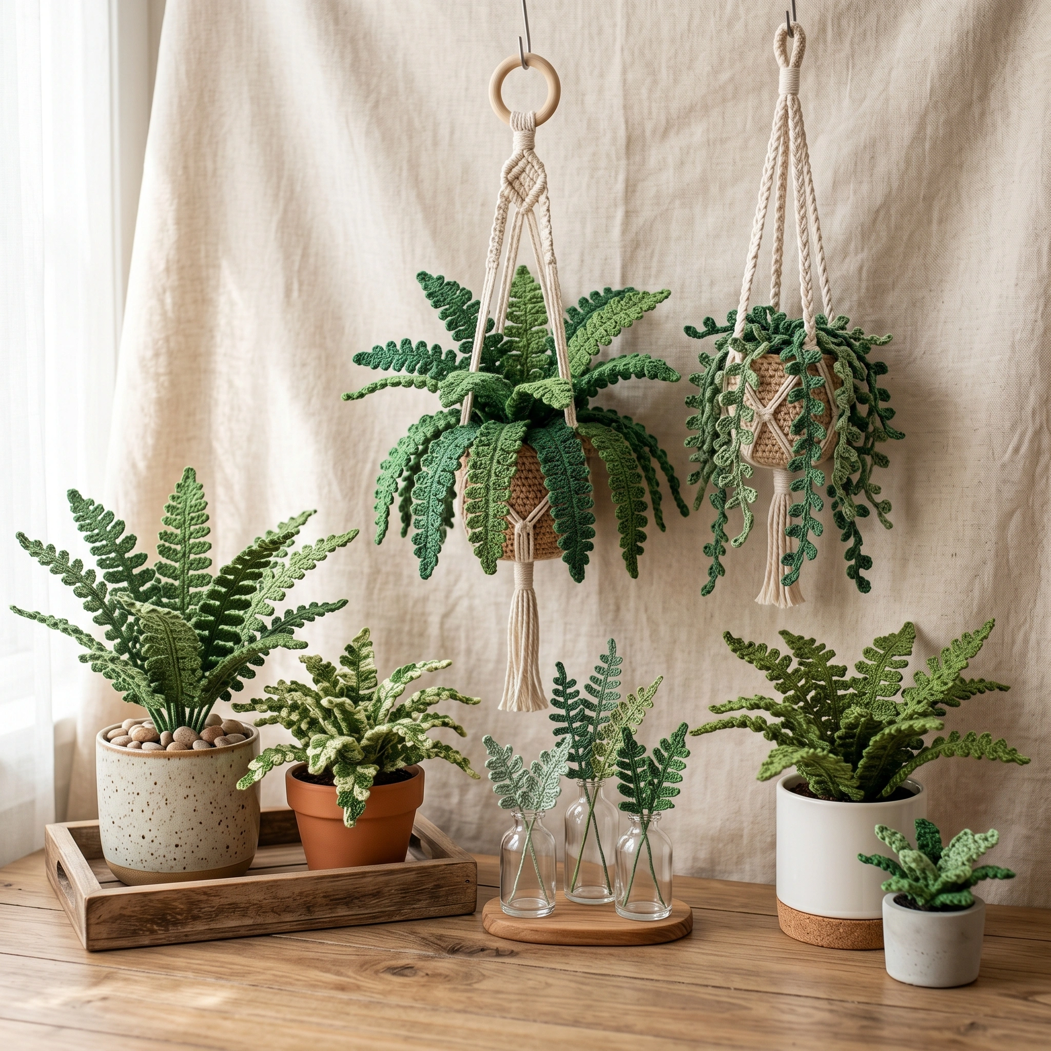 Crochet fern and leaf plants in pots and macrame hangers