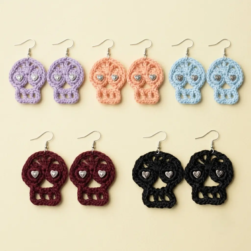 Crochet skull earrings styled for a Halloween outfit