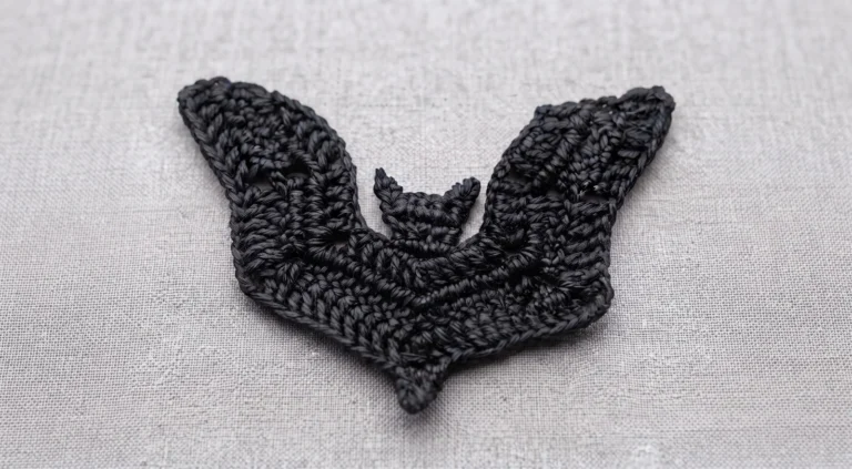 Black crochet bat appliqué with pointed ears and wavy wings