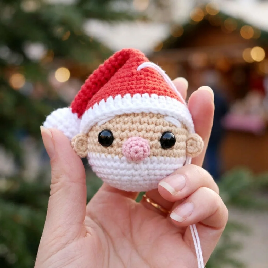 Crochet Santa ornament held in a hand at a Christmas market