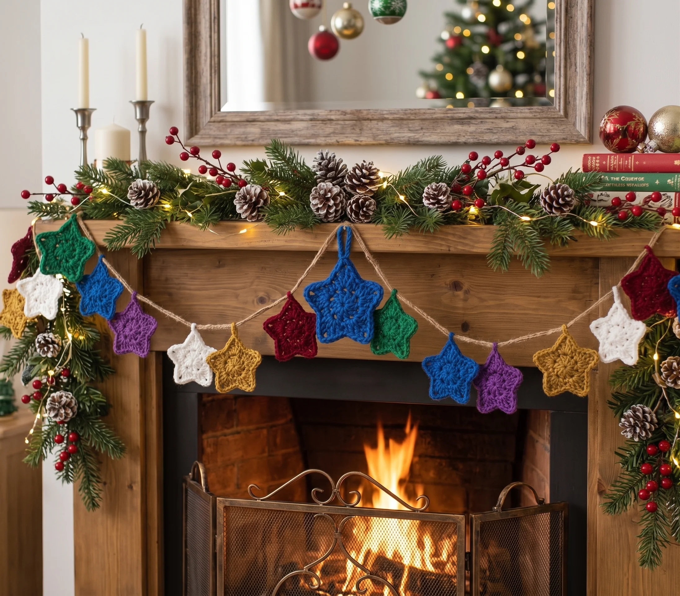 Crochet Christmas star garland home decore hanging on fire place