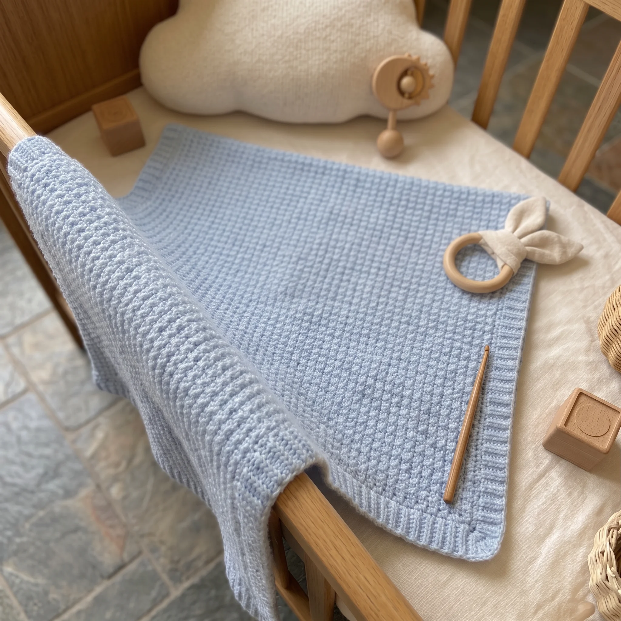 Crochet baby blanket folded in a nursery