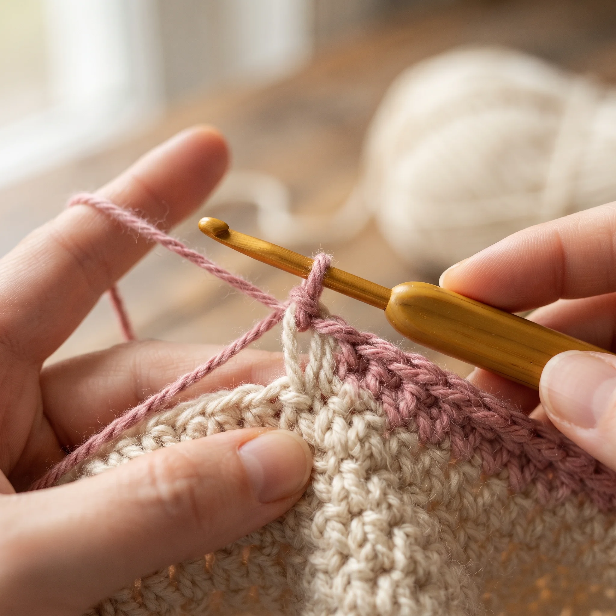 Crochet hook pulling a new color through the last loops of a stitch