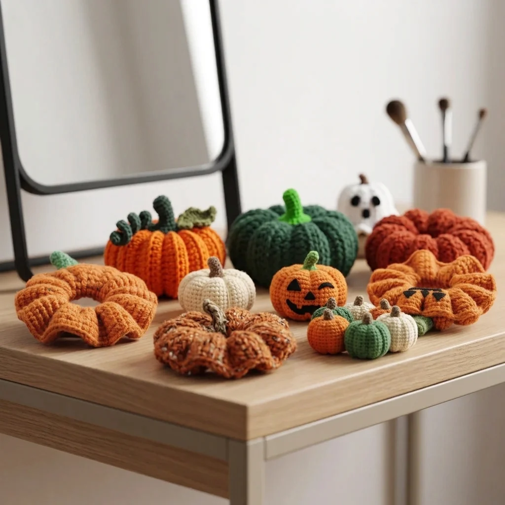 Crochet pumpkin scrunchie with embroidered jack o lantern face placed on the dressing table along with other crochet amigurumi halloween items