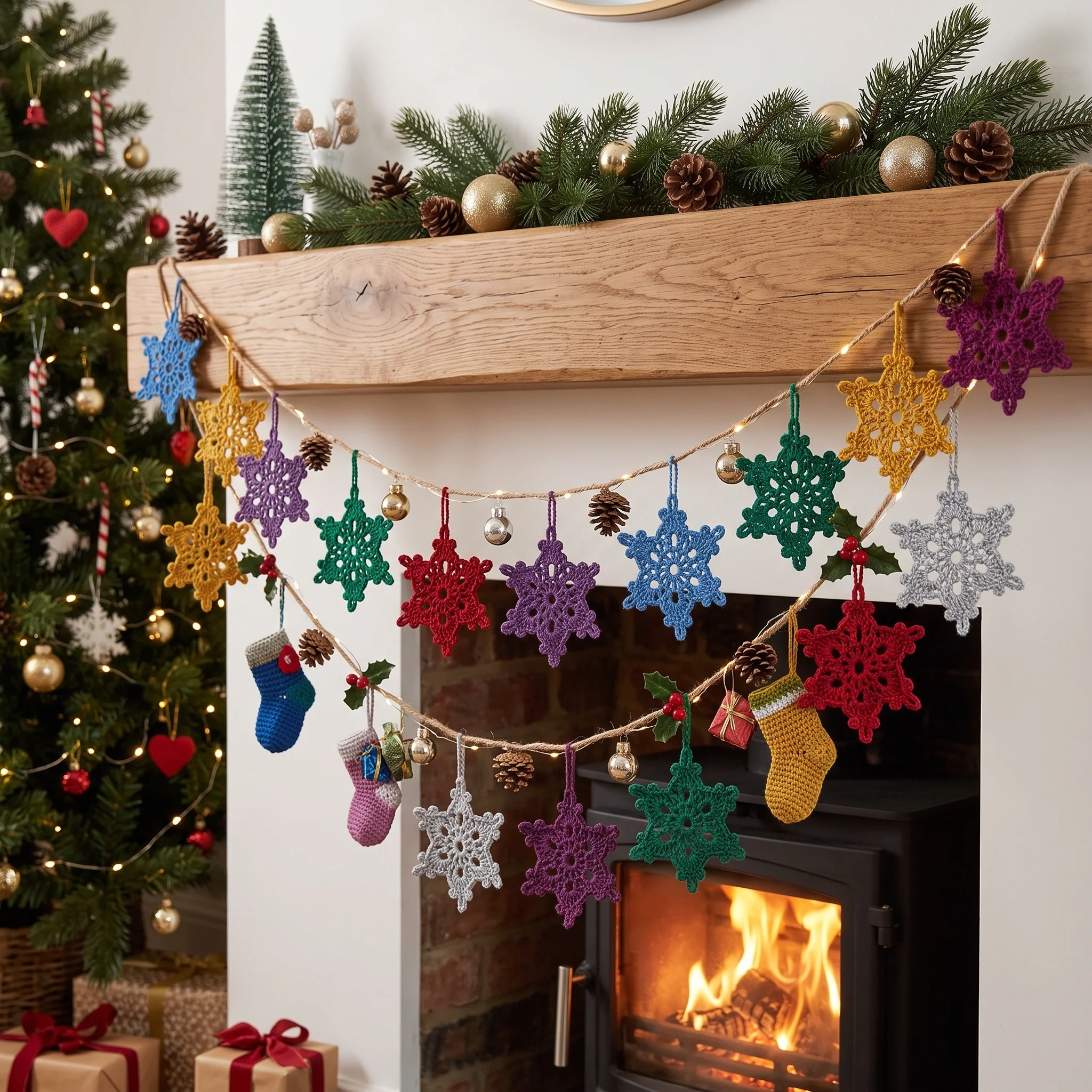 Crochet snowflake ornament garland hanging on a fireplace near christmas tree