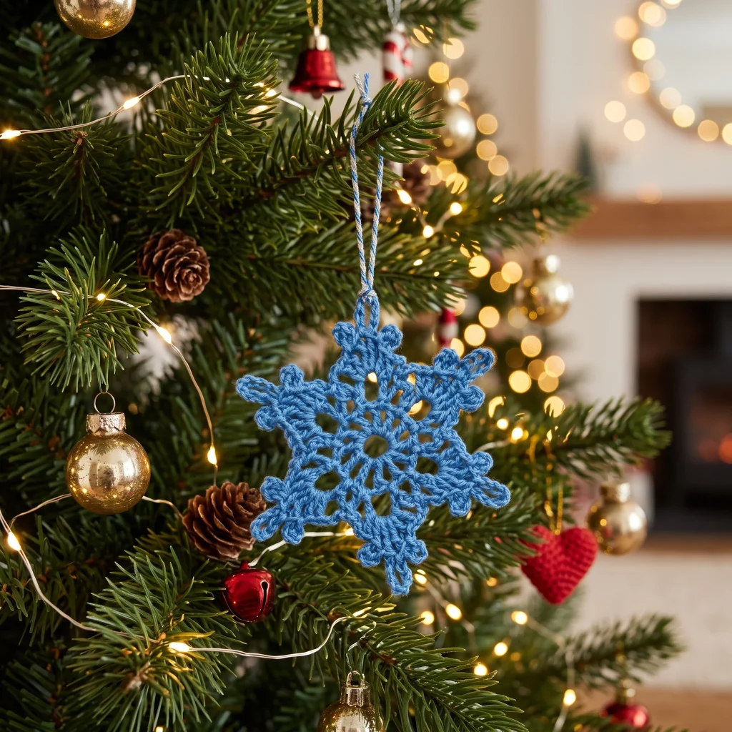 Blue crochet snowflake ornament hanging on a Christmas tree
