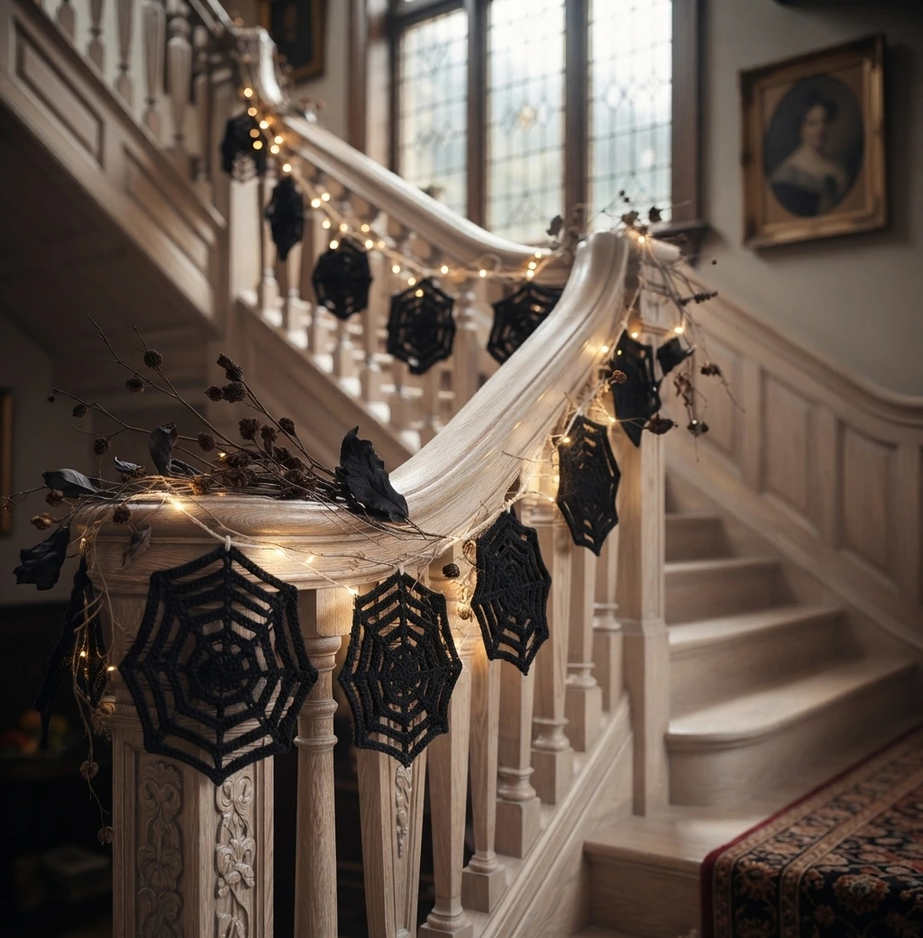Crochet spider web garland hanging stairs railing