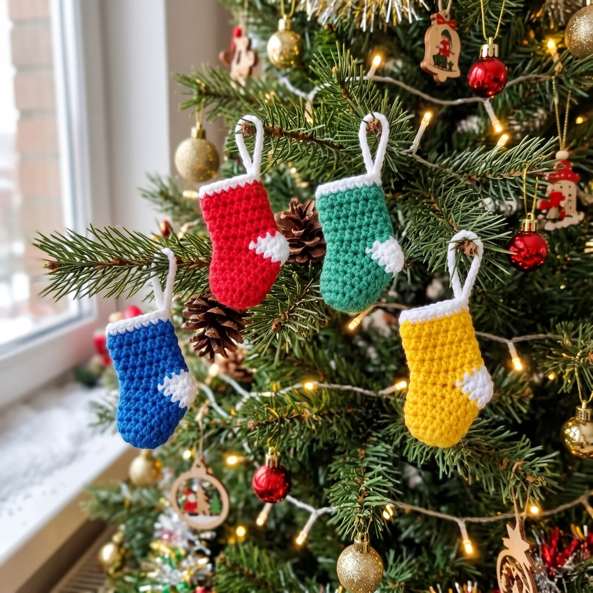 Mini crochet stockings hanging on a Christmas tree