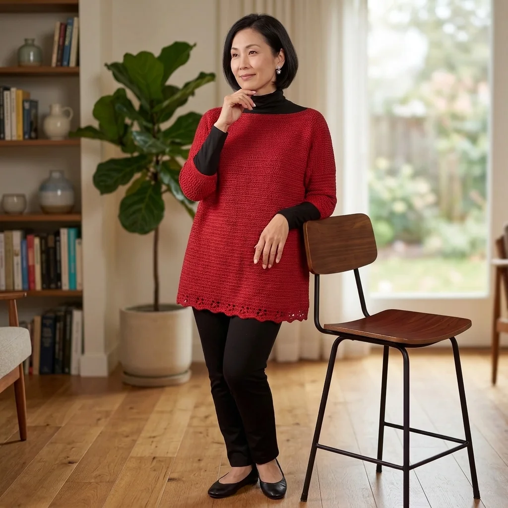 Relaxed oversized crochet pullover sweater styled with jeans