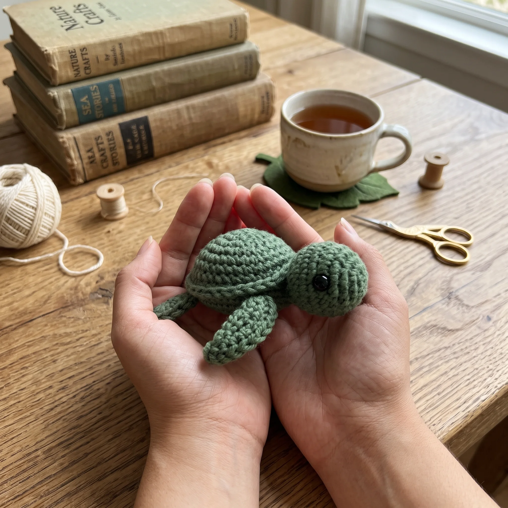 Mini amigurumi turtle sitting in palm of hand