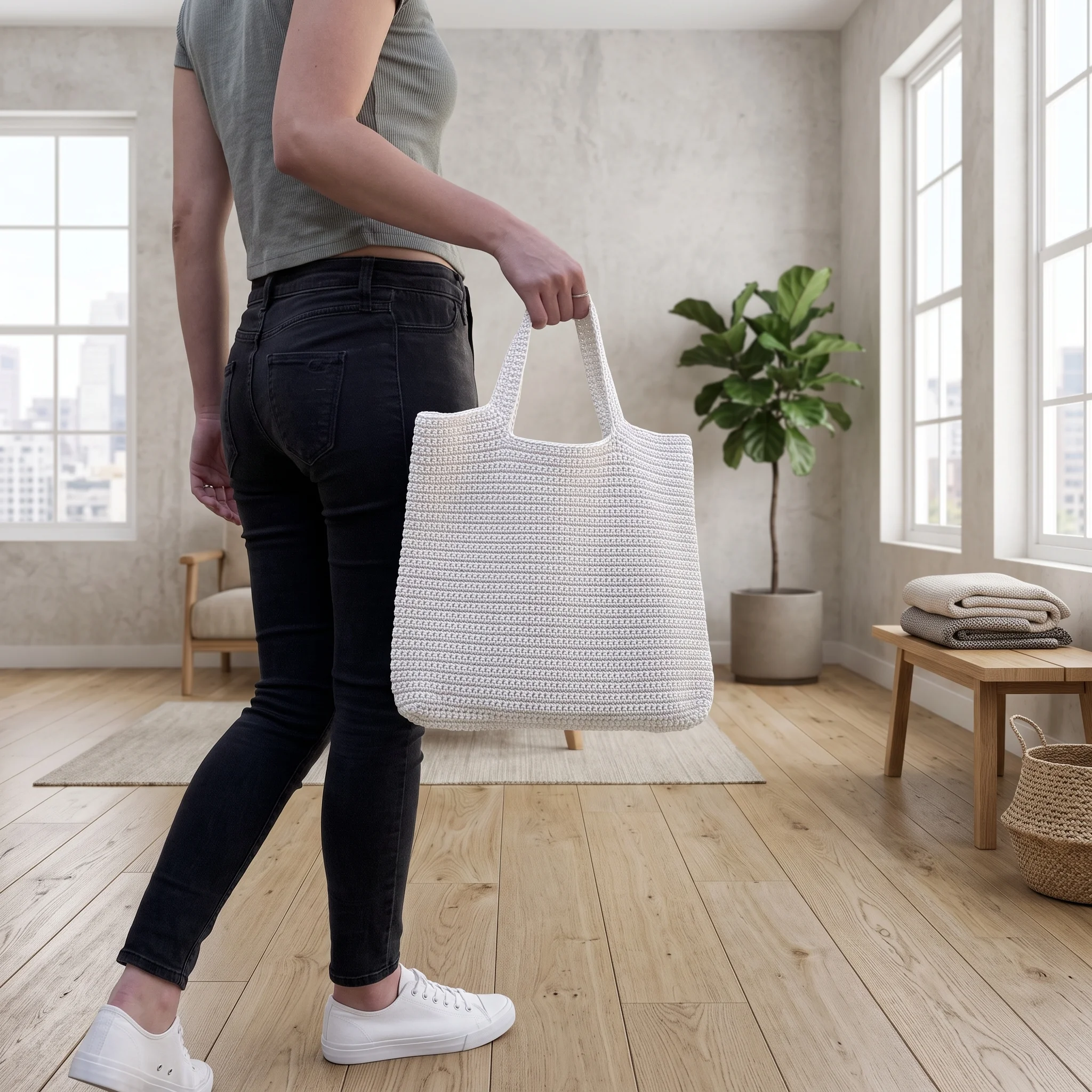 Beginner crochet tote bag carried to the market