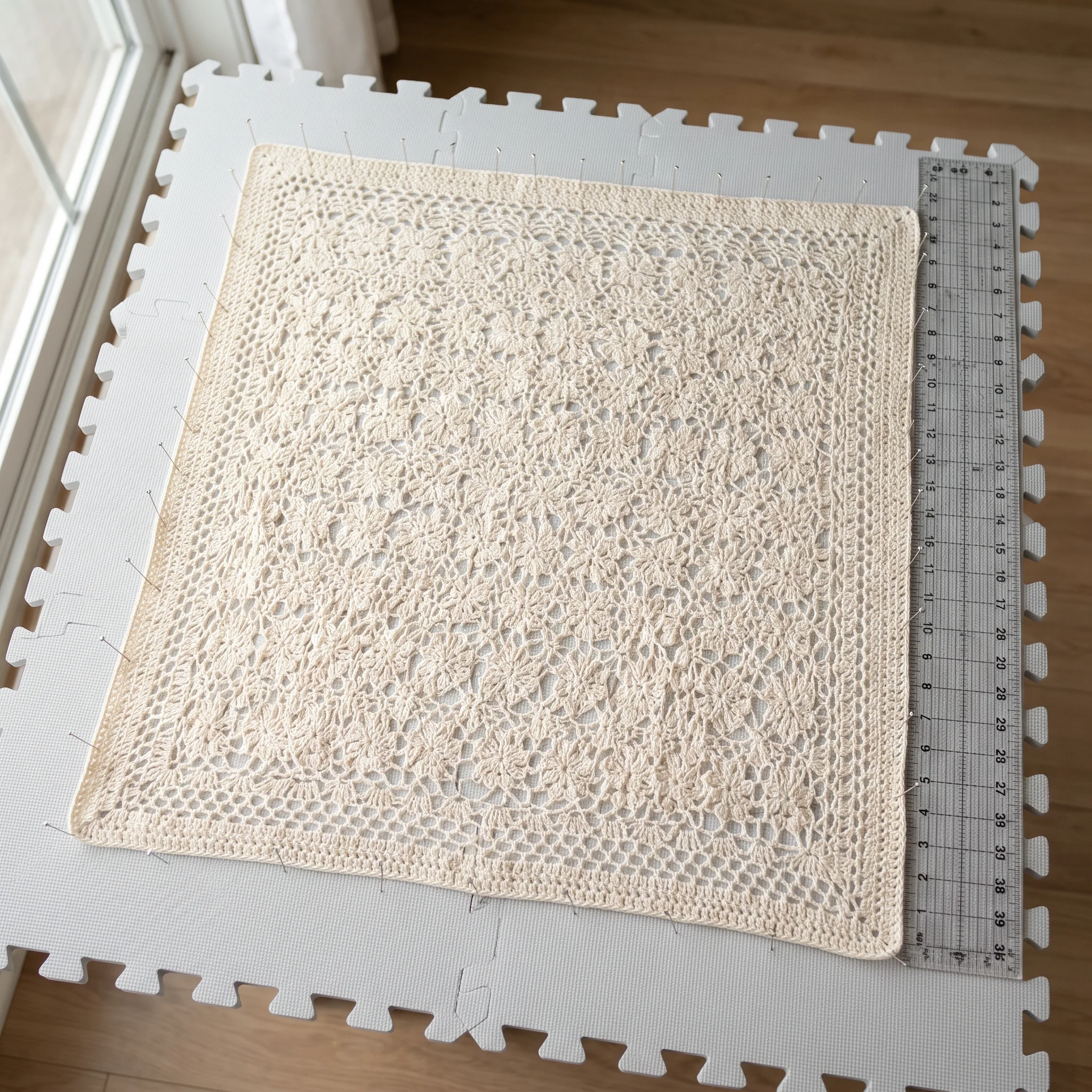 Crochet blanket pinned straight on blocking mats with a ruler