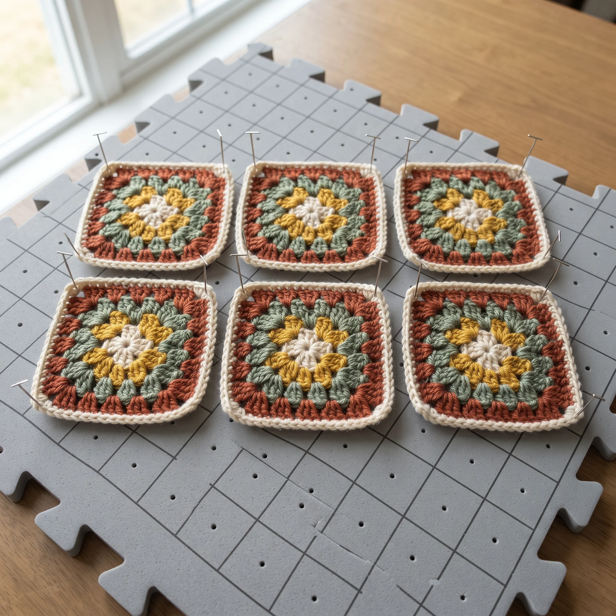 Six crochet granny squares pinned to the same size on a blocking mat