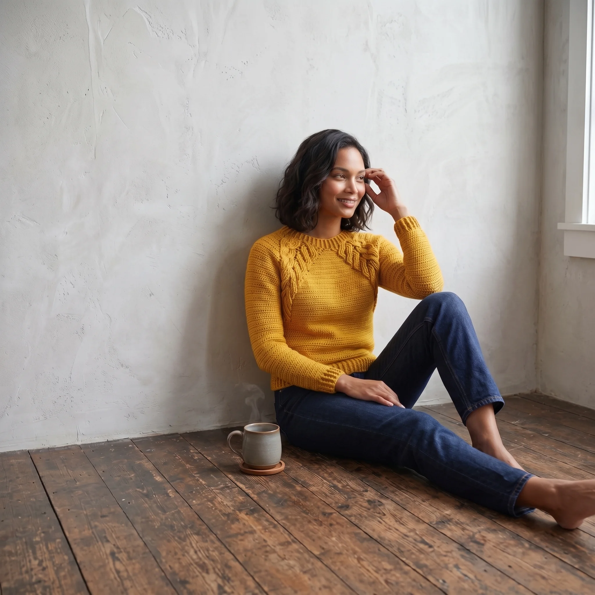 Crochet pullover sweater with cabled raglan yoke