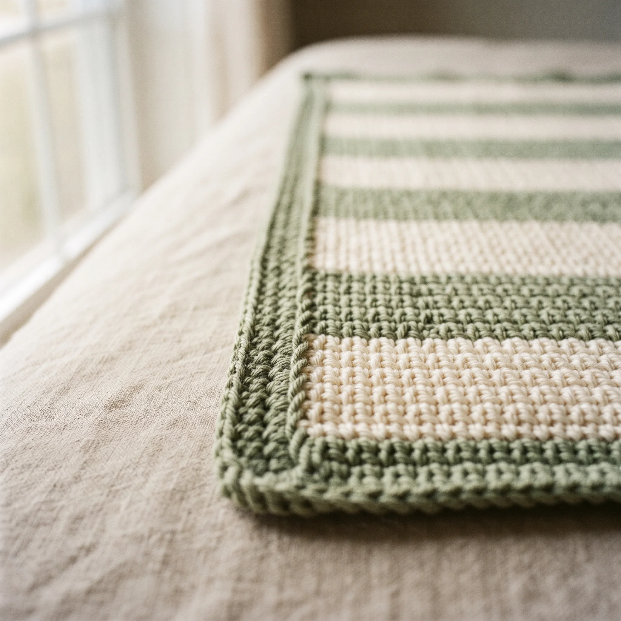 Striped crochet blanket edge with yarn carried neatly up the side