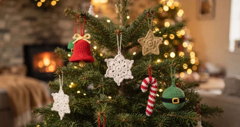 Handmade crochet bell, snowflake, star, candy cane and bauble ornaments on a Christmas tree