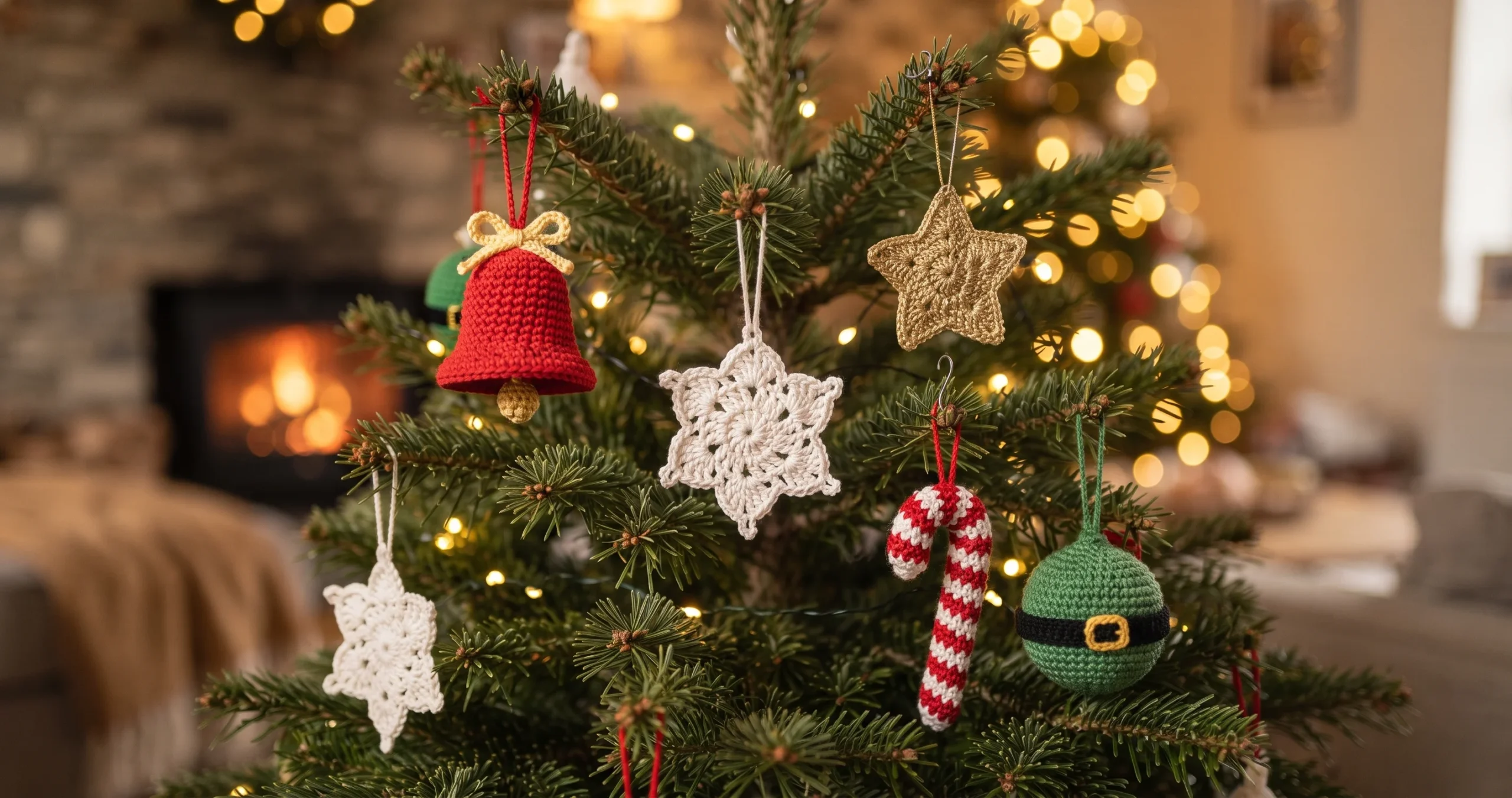 Handmade crochet bell, snowflake, star, candy cane and bauble ornaments on a Christmas tree