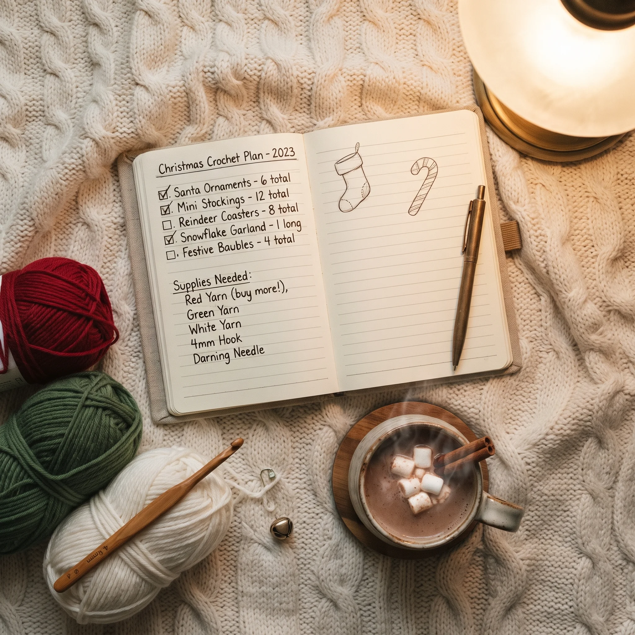 Notebook with a Christmas crochet checklist beside red, green and white yarn
