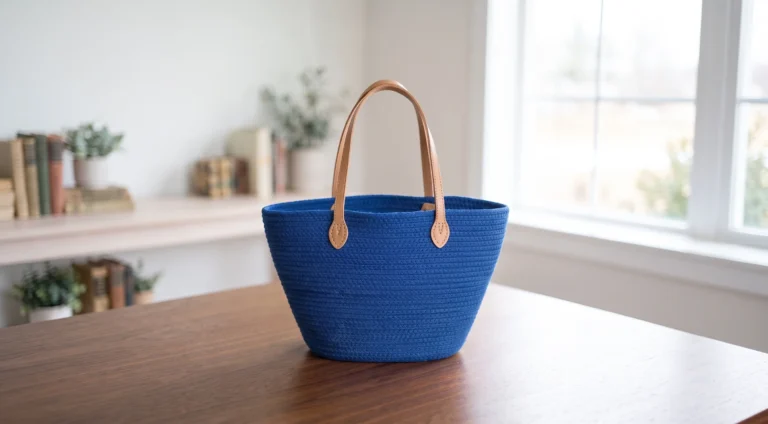 Chunky crochet tote bag with ridged texture and leather straps