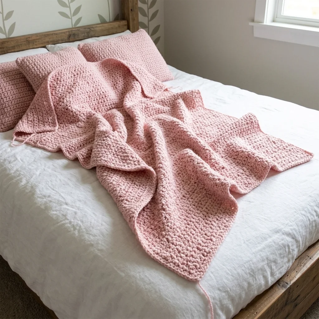 Chunky crochet throw blanket on a bed