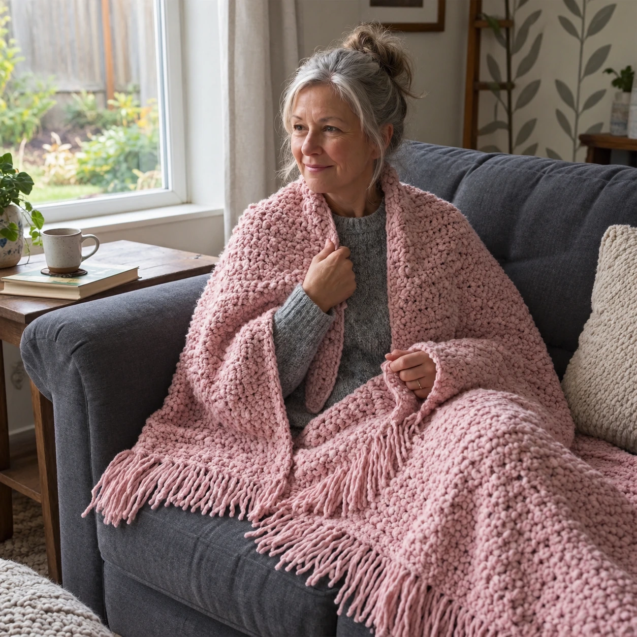 chunky crochet throw blanket over a mature lading sitting on the sofa near the window
