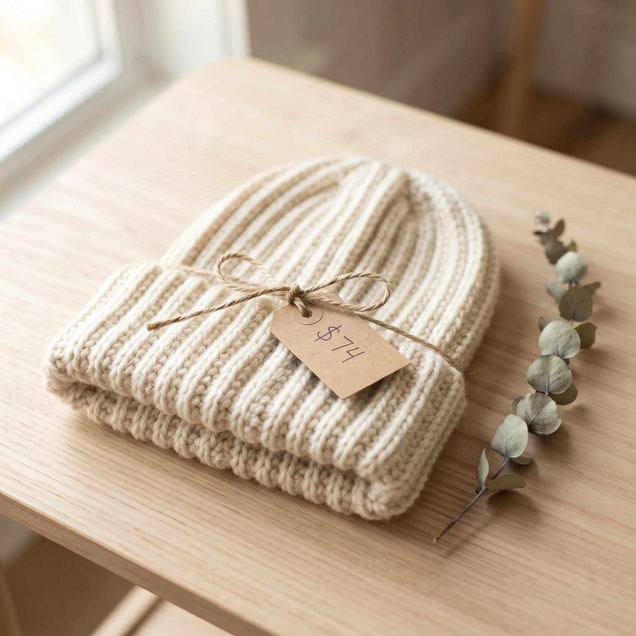 Cream ribbed crochet beanie with a handwritten $74 price tag