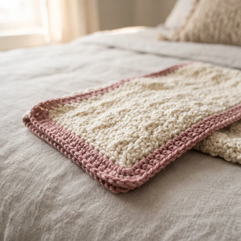Cream crochet blanket finished with a dusty rose contrast border