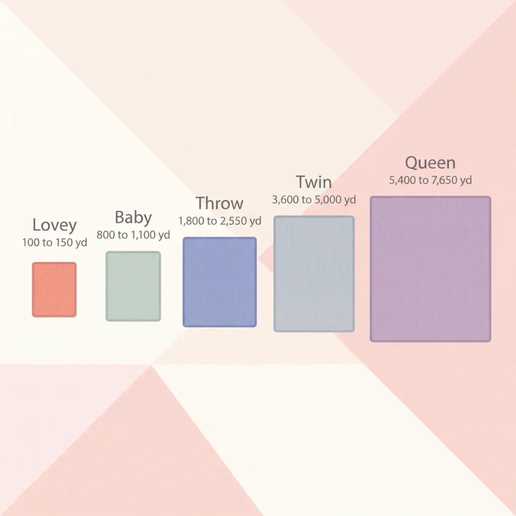 Chart of crochet blanket sizes from lovey to queen with yarn yardage for each
