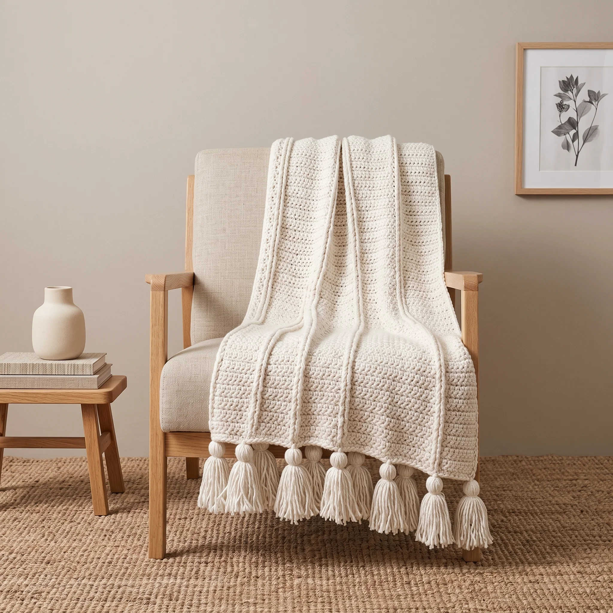 Self striping crochet throw with tassels on a sofa