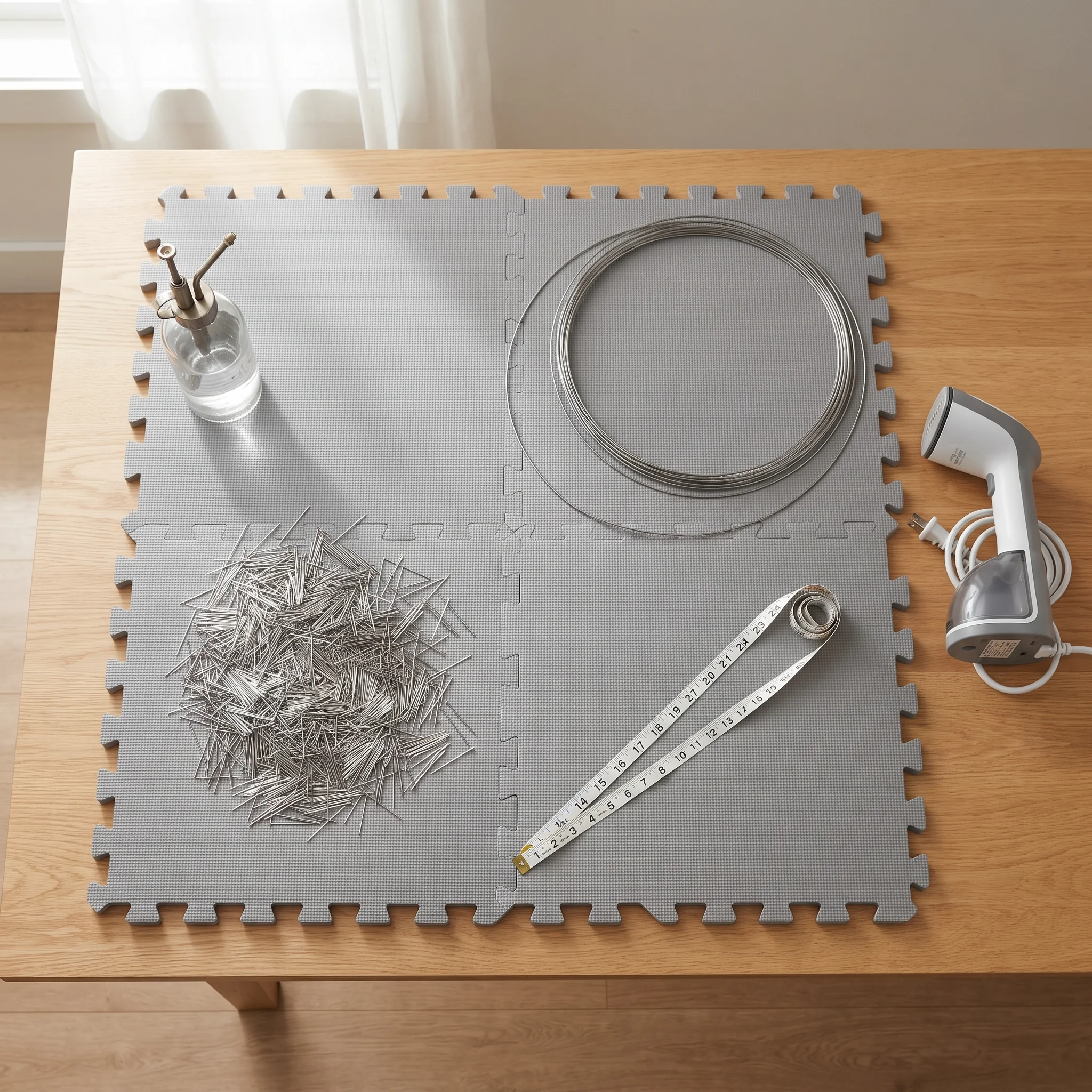 Foam mats, T pins, blocking wires, spray bottle and tape measure for blocking crochet