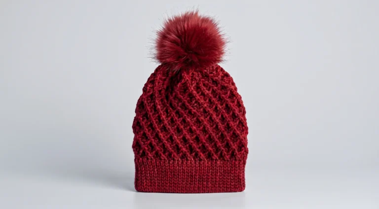 Crochet hat with raised diamond cables and pom pom
