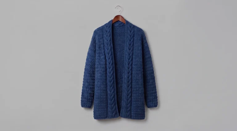 Navy blue coloured crochet cardigan with cabled shawl collar