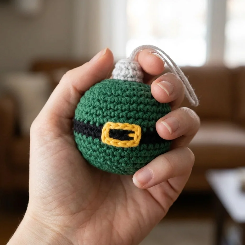 Green crochet Christmas bauble with black belt and gold buckle holding in hand