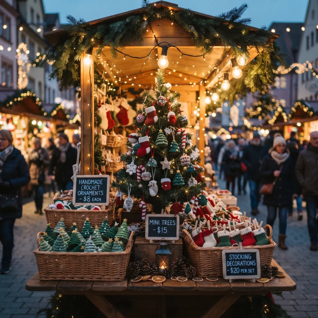 Holiday market stall with crochet ornaments on a small tree and chalkboard price signs