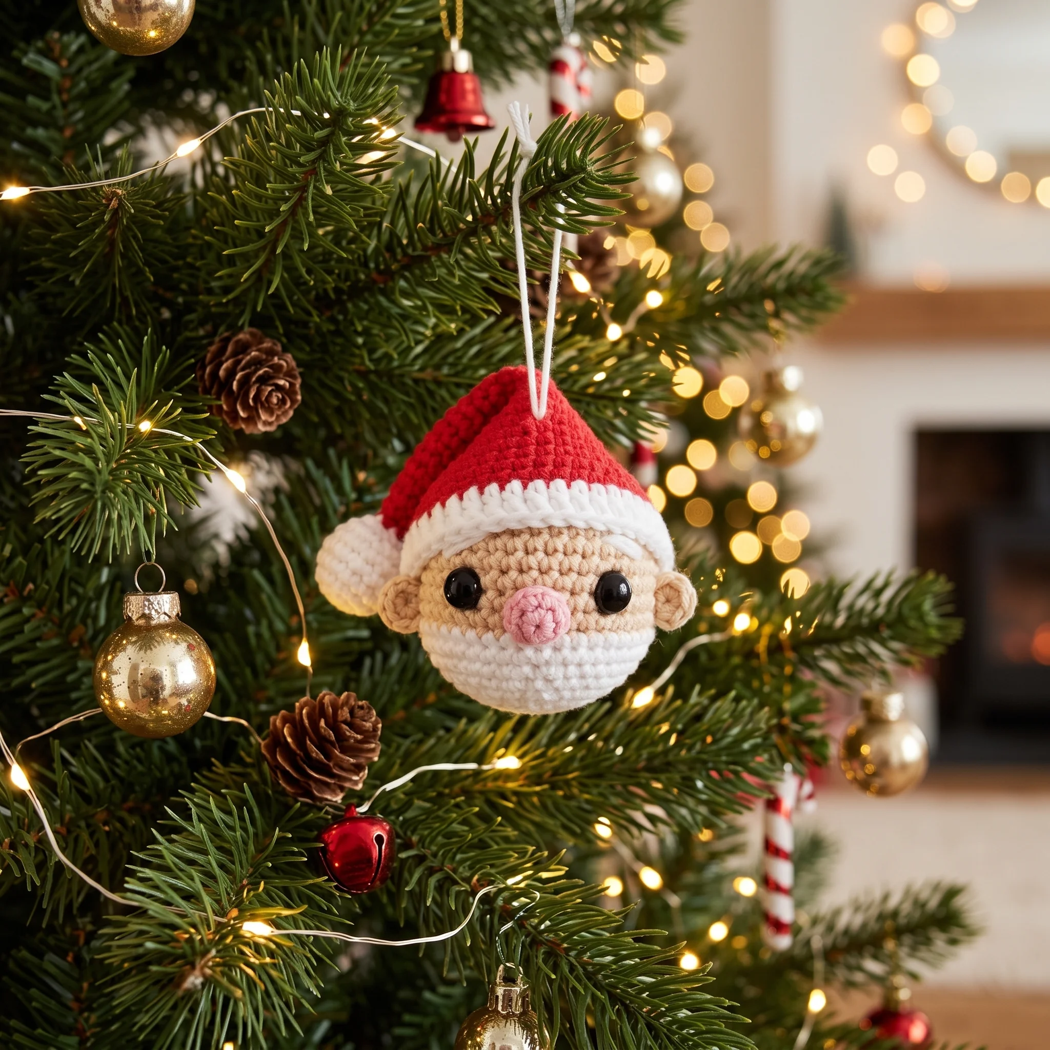 Crochet Santa ornament hanging on a Christmas tree