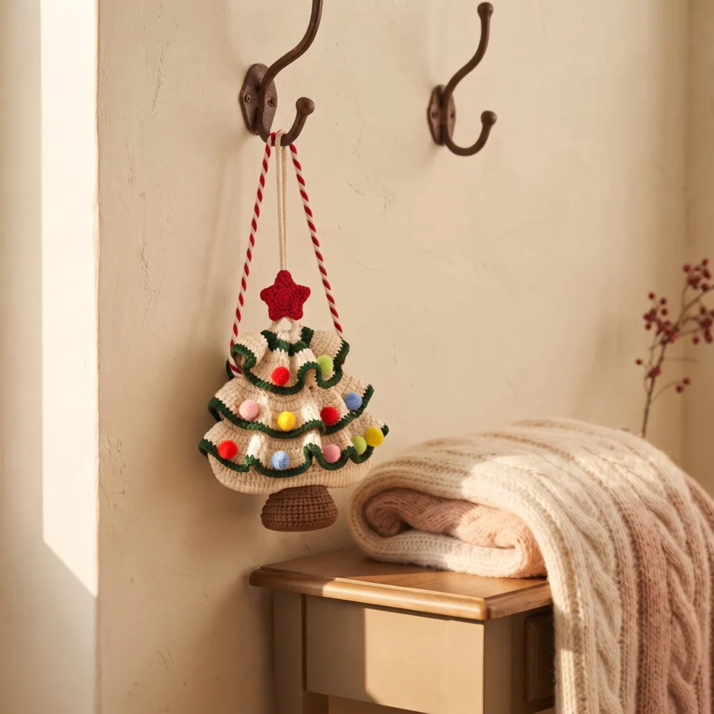 Green crochet Christmas tree bag with a gold star and candy cane strap