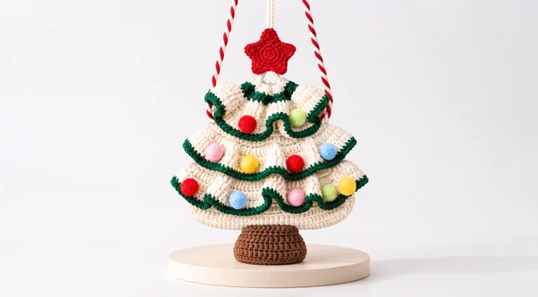 Christmas tree crochet bag with twisted red and white strap