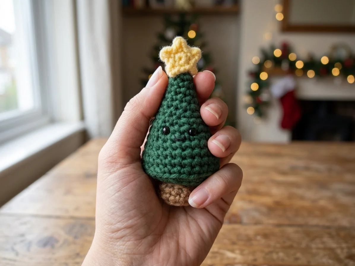 Small crochet Christmas tree holding in hand