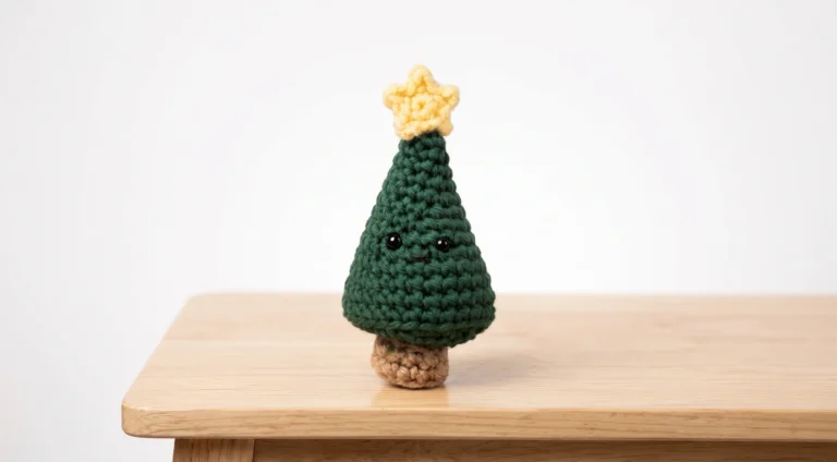 Mini crochet Christmas tree with smiling face and yellow star