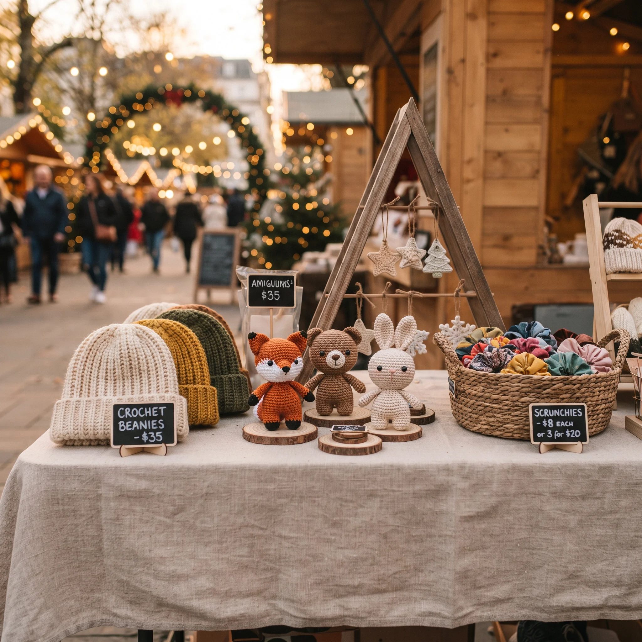 Craft fair table displaying crochet beanies, amigurumi and ornaments with chalkboard price signs