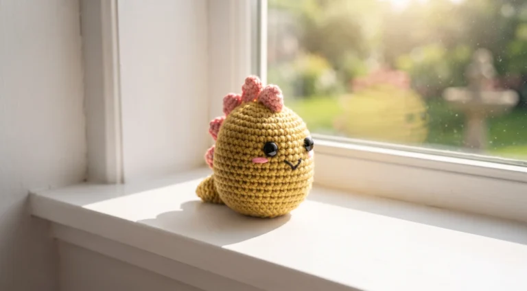 Mini green crochet dinosaur with blue spikes and pink cheeks