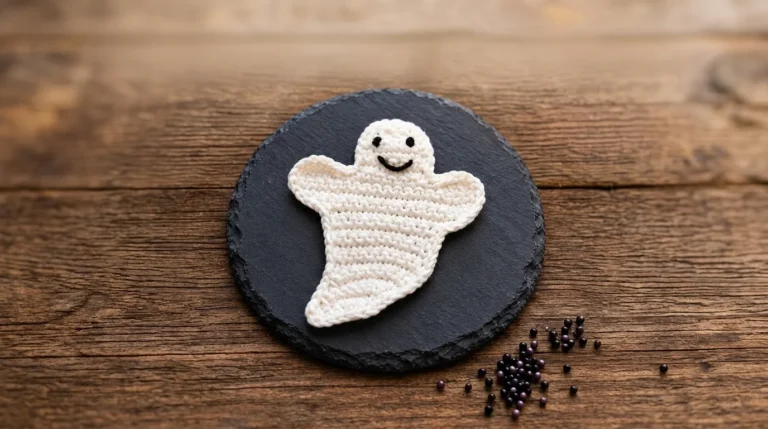 Cute white crochet ghost appliqué with waving arms