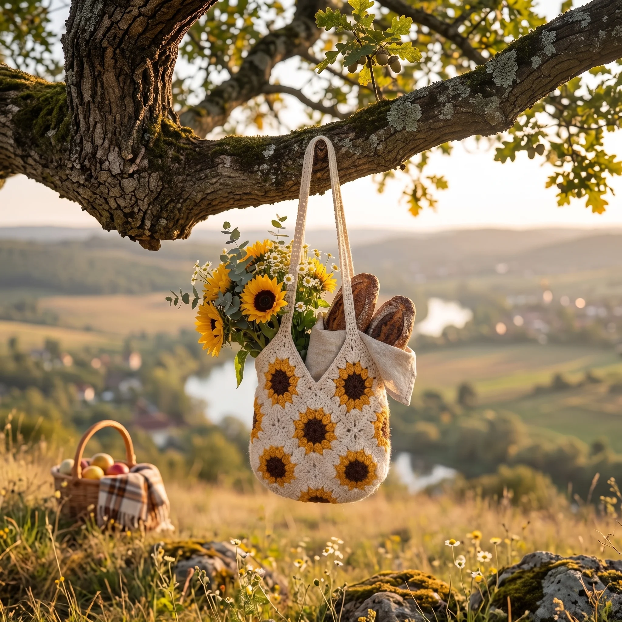 Sunflower granny square bag with mesh crochet strap hanging on a branch of tree in beautiful sunny day out site in nature