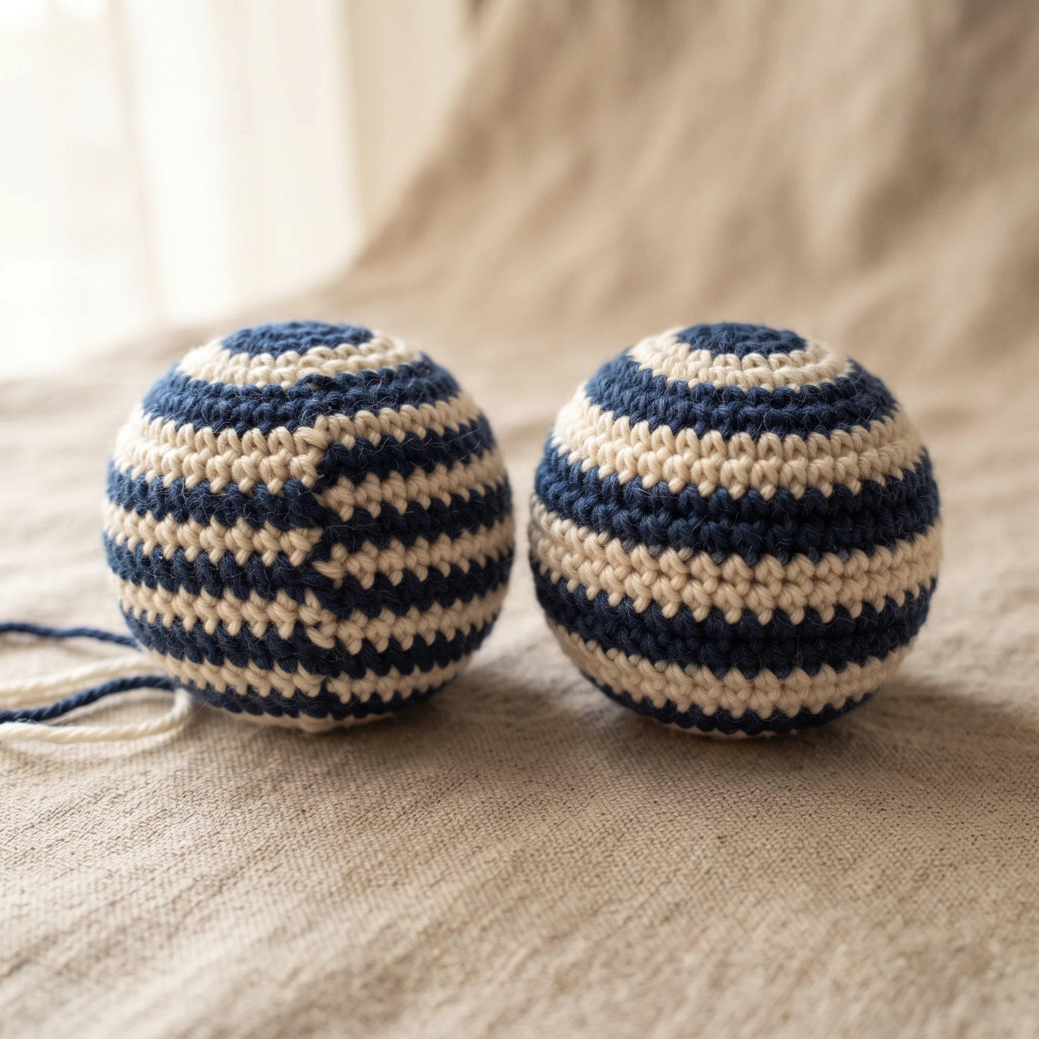Two striped amigurumi balls comparing a visible jog with a smooth color change