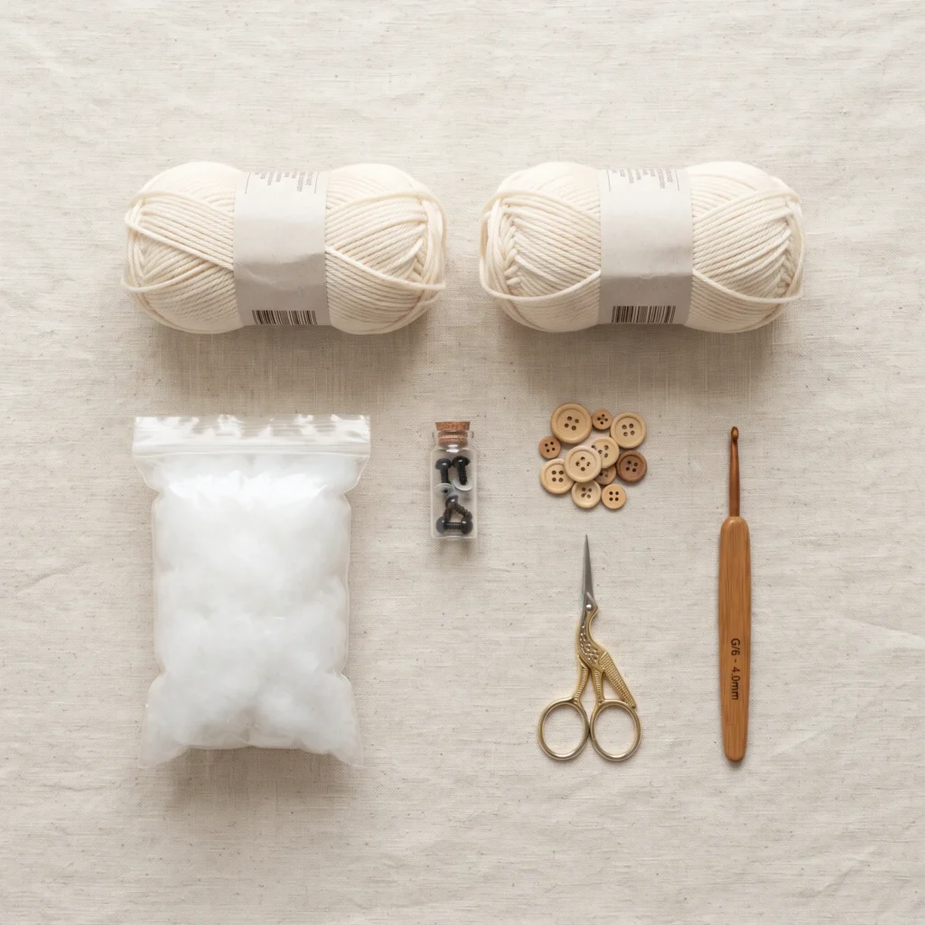 Yarn, stuffing, safety eyes, buttons and a crochet hook laid out to show crochet material costs