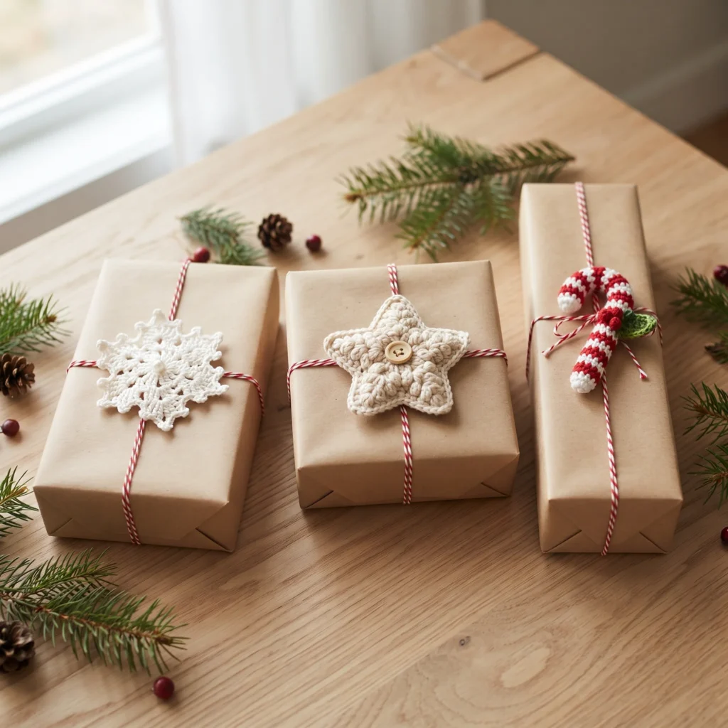 Kraft paper gifts topped with crochet snowflake, star and candy cane ornaments
