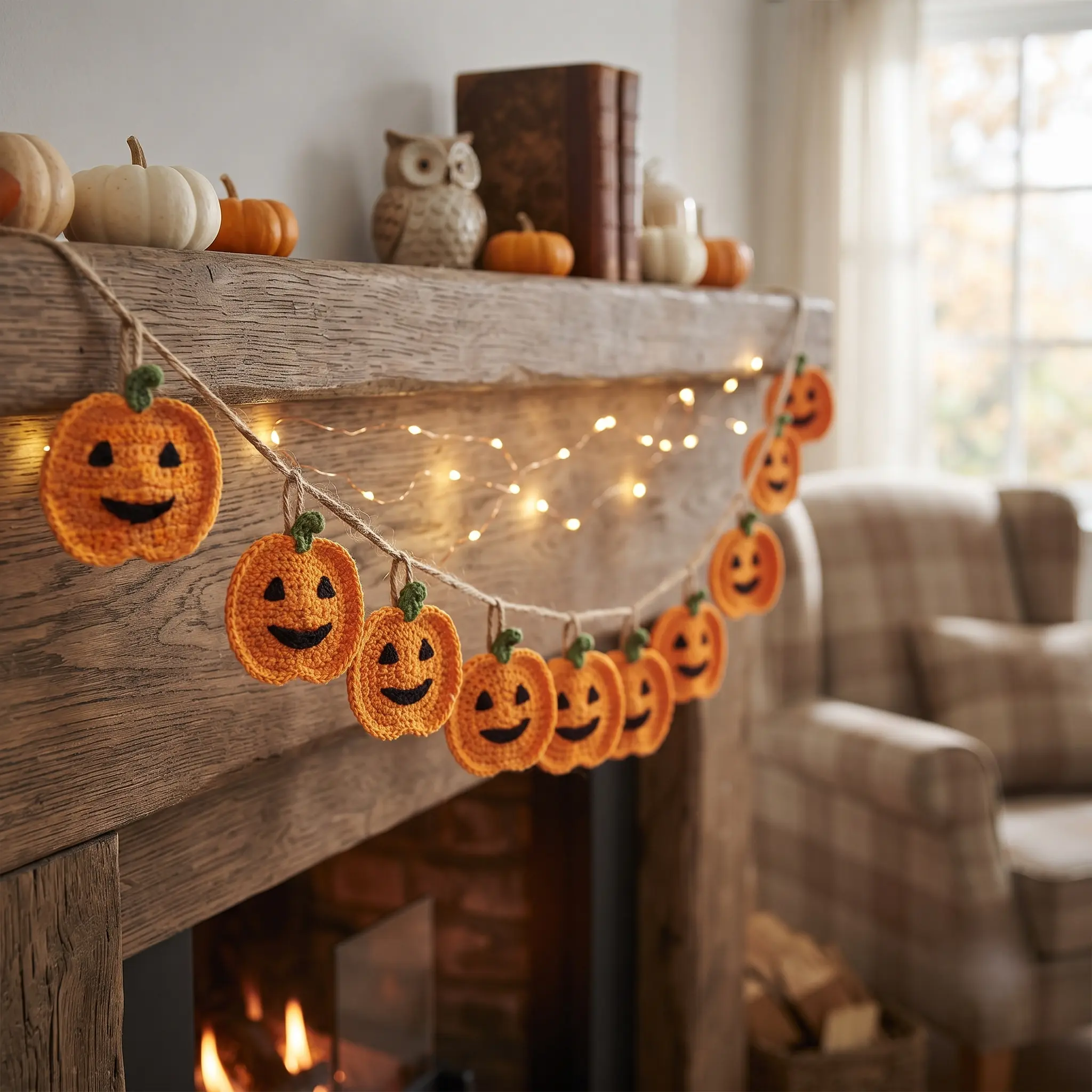"Crochet pumpkin garland hanging across a mantel