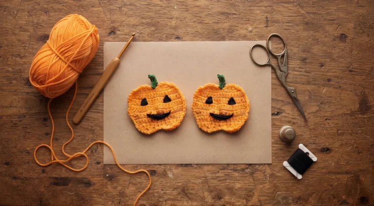 Flat crochet jack o lantern pumpkin appliqué with green stalk