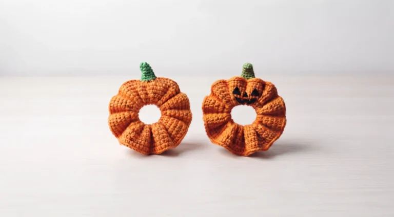 Orange crochet pumpkin scrunchie with green stem
